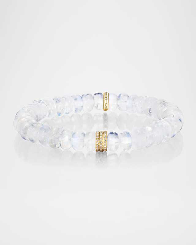 Rainbow Moonstone Bead Bracelet with 14K Yellow Gold Diamond Rondelles